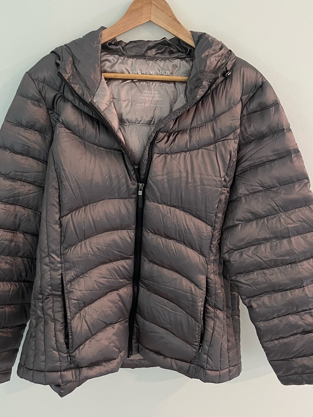 Andrew Marc Metallic Gray Hooded Packable Puffer Jacket